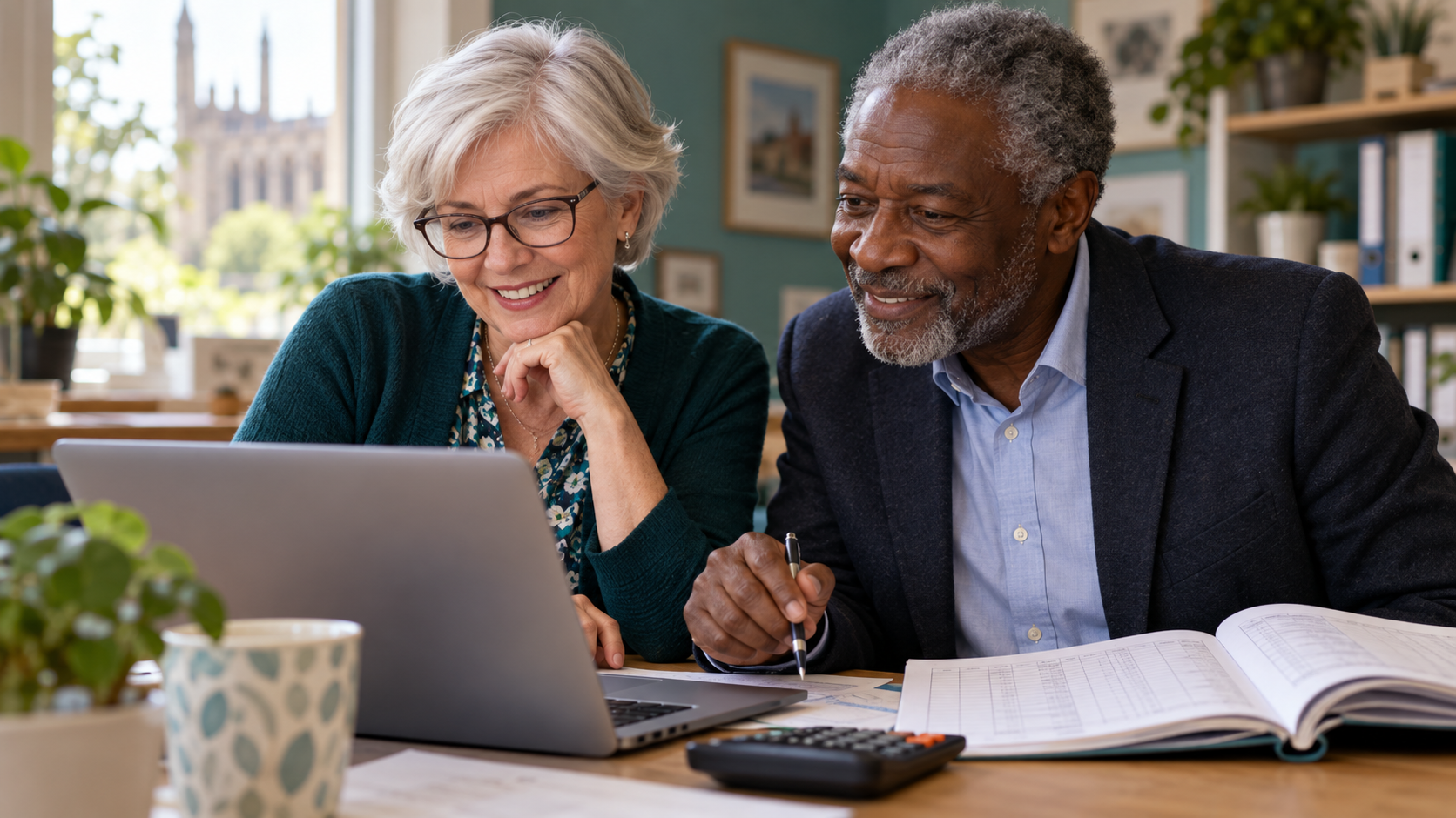 Mature volunteers reviewing finances together at a laptop