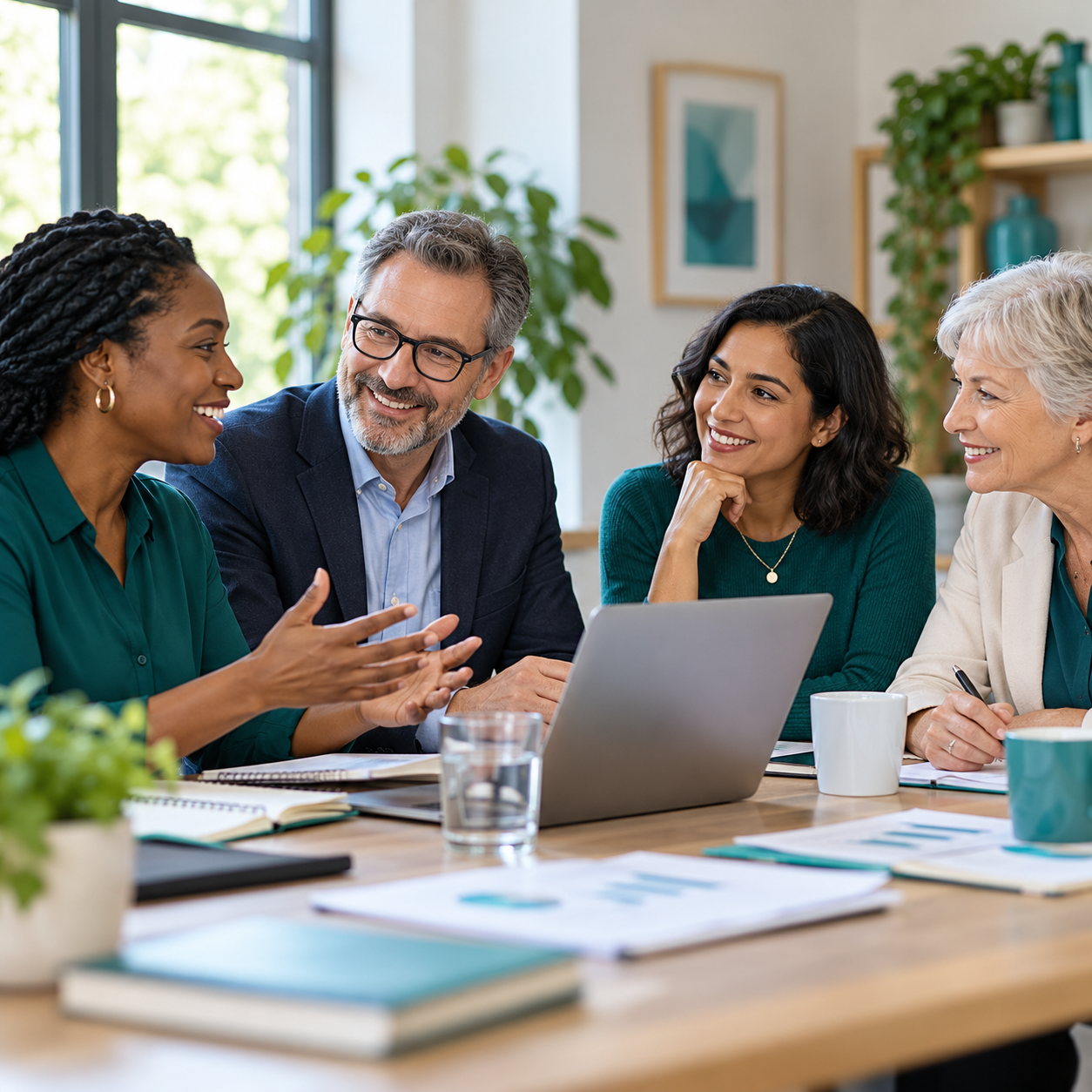 Four people collaborating around a laptop during a friendly meeting