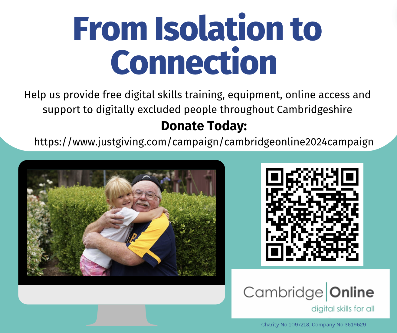 From Isolation to Connection. A grandfather is embracing their grandchild, displayed on a monitor screen.